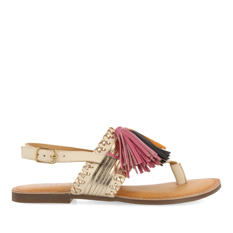 Piritu women's white and gold sandals with tassels