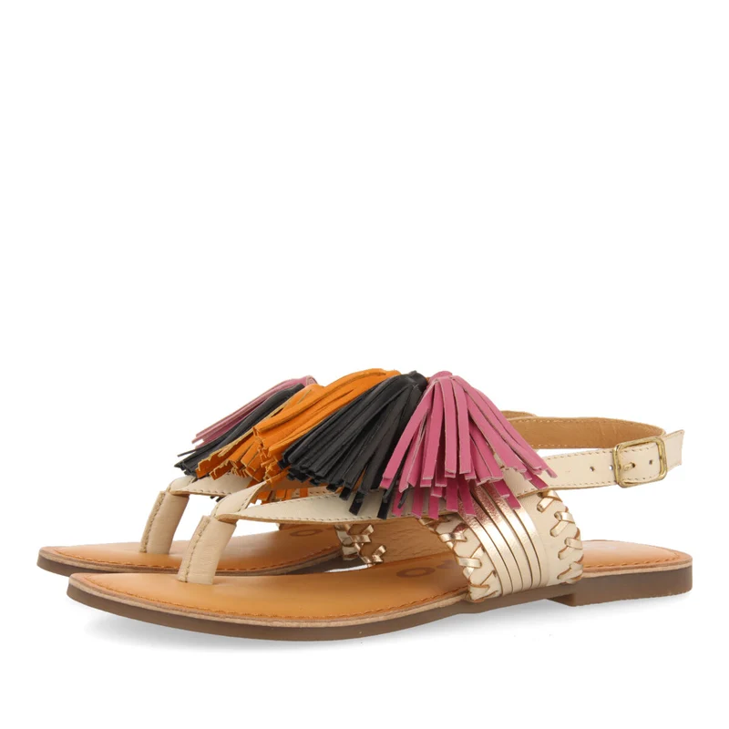 Piritu women's white and gold sandals with tassels