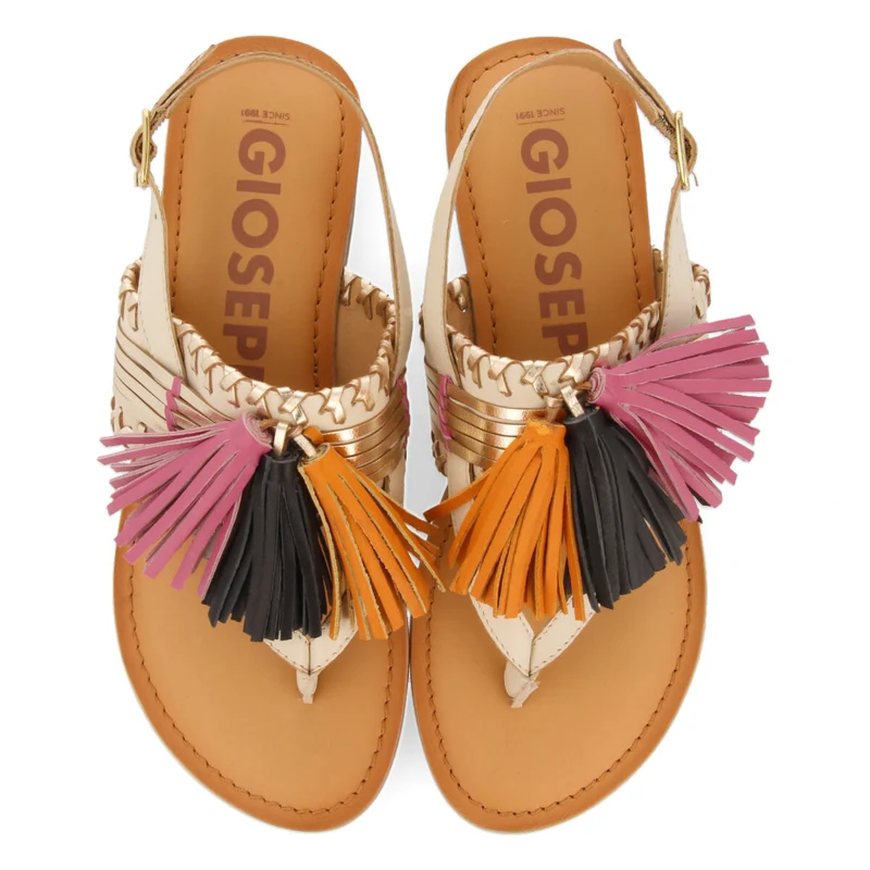 Piritu women's white and gold sandals with tassels