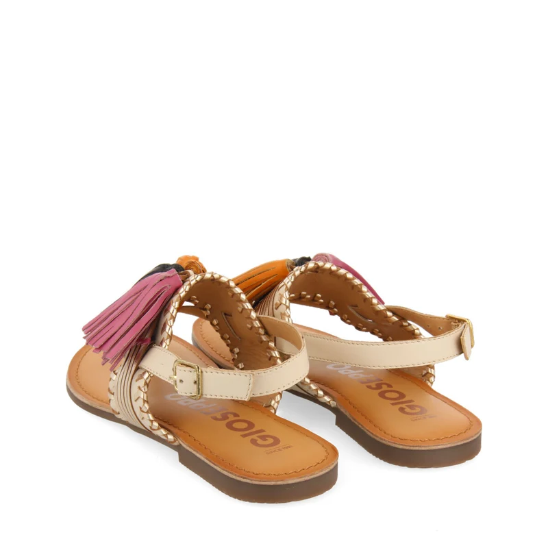 Piritu women's white and gold sandals with tassels