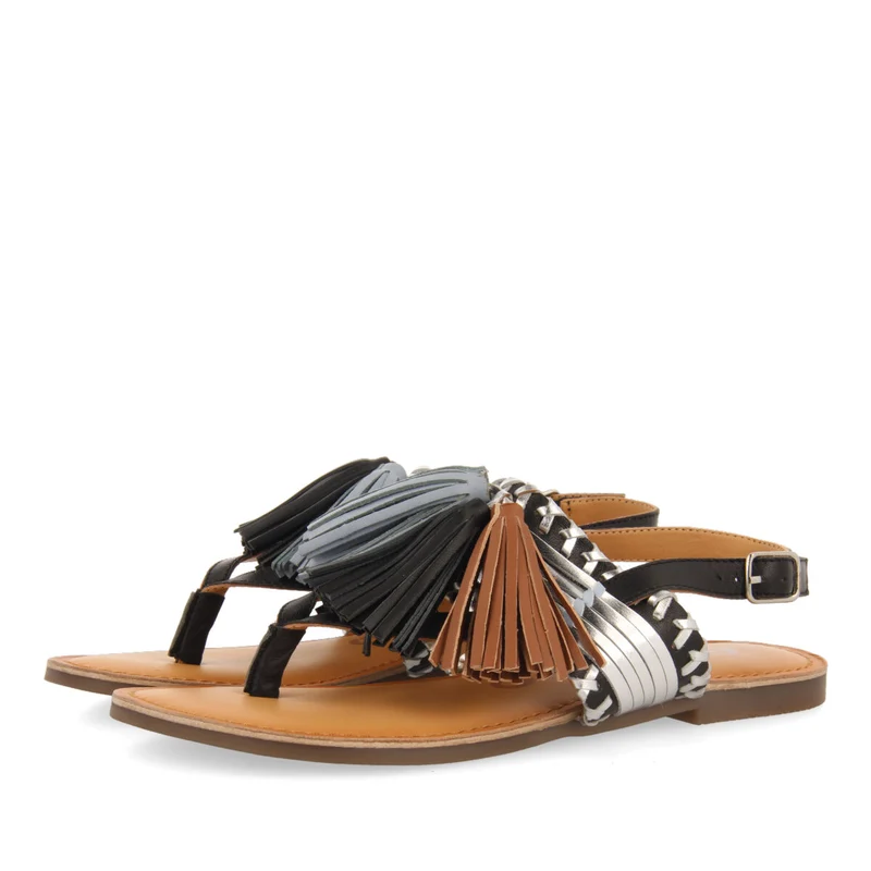 Piritu women's black and silver sandals with tassels