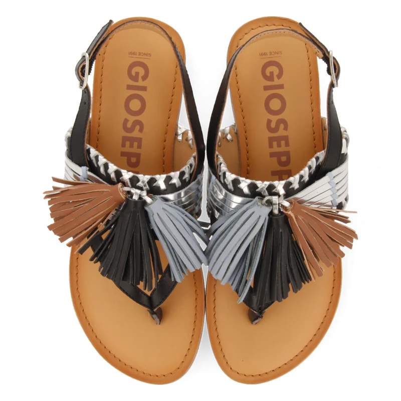 Piritu women's black and silver sandals with tassels