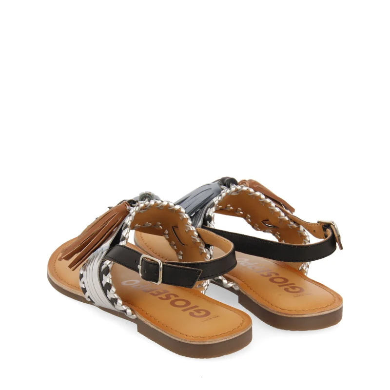 Piritu women's black and silver sandals with tassels
