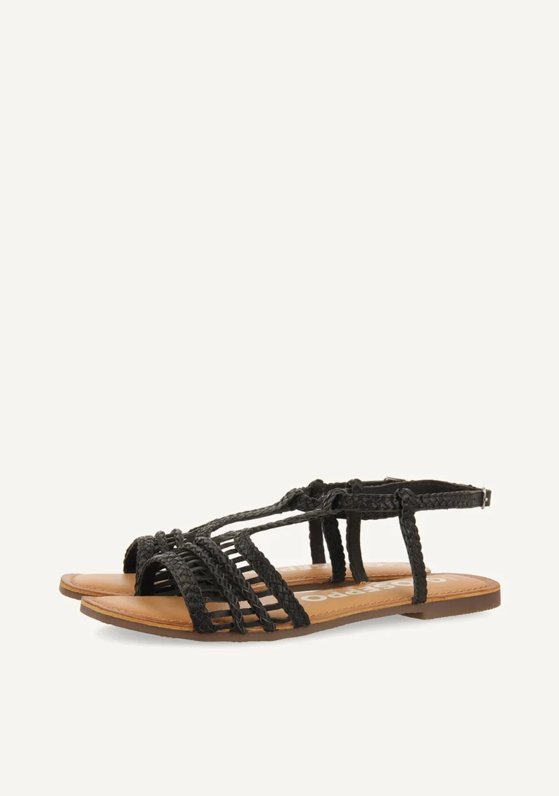 Icari women's flat black braided leather sandals