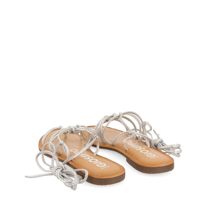 Kern women's flat silver leather sandals with thin straps and decorative knots