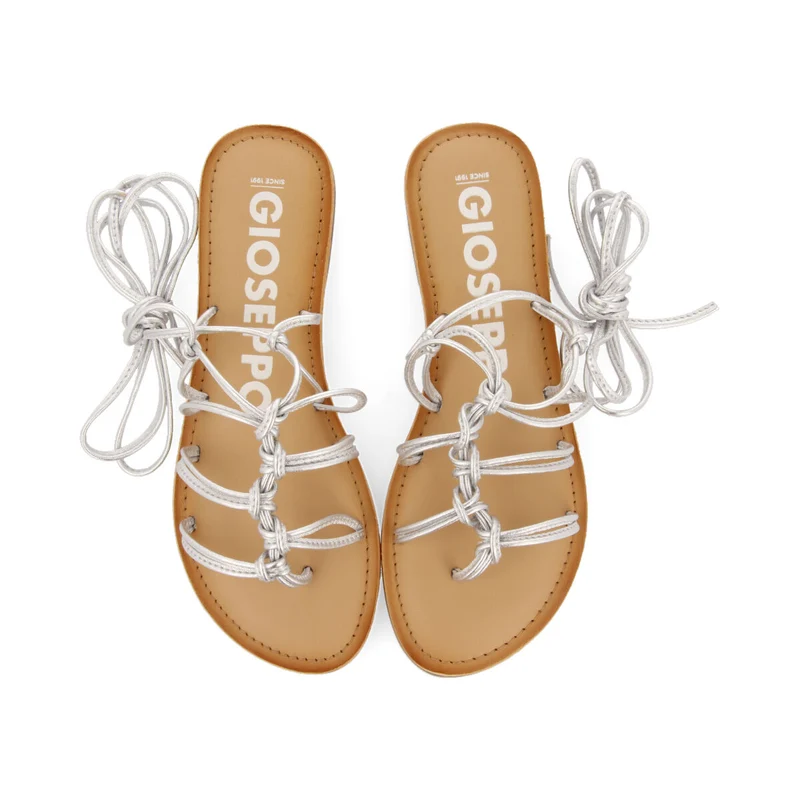 Kern women's flat silver leather sandals with thin straps and decorative knots