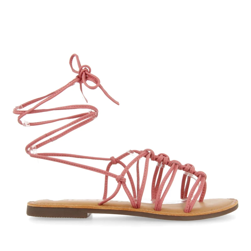 Mambai women's flat pink leather sandals with thin straps and decorative knots