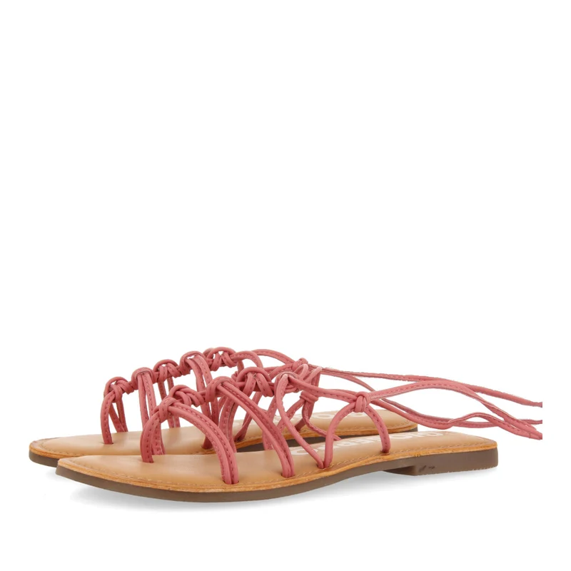 Mambai women's flat pink leather sandals with thin straps and decorative knots