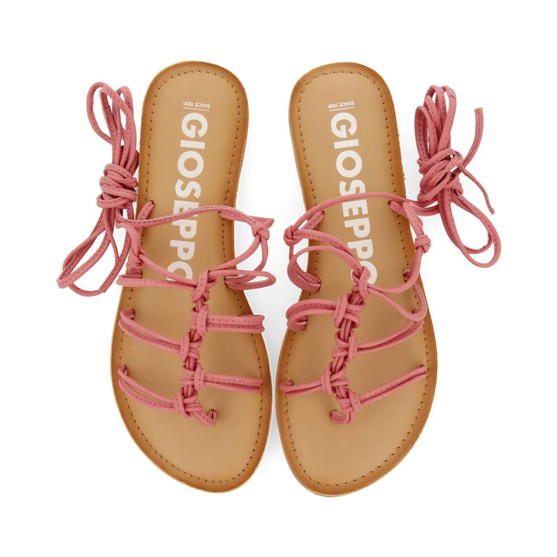 Mambai women's flat pink leather sandals with thin straps and decorative knots