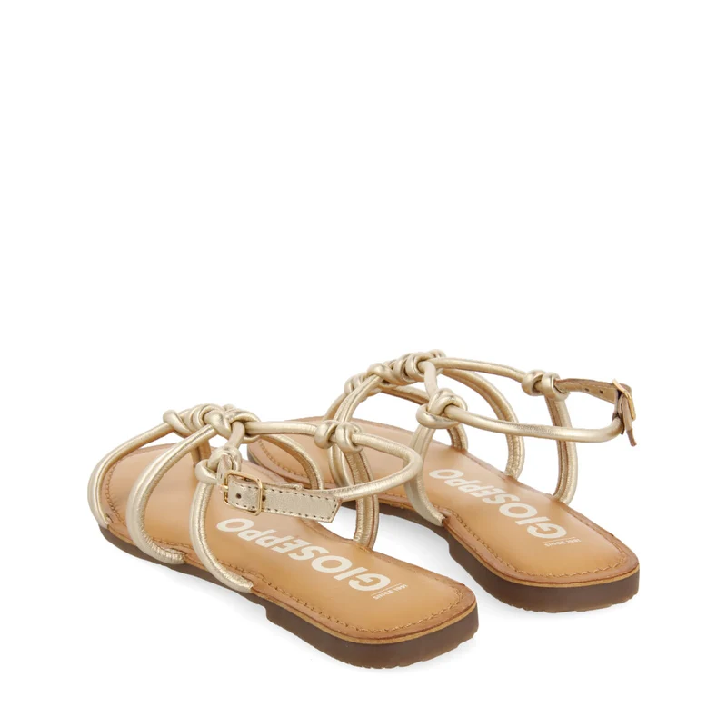 Rosny women's flat gold leather sandals with thin straps and decorative knots