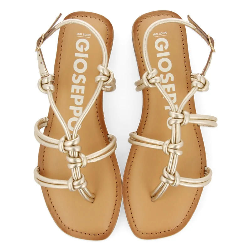 Rosny women's flat gold leather sandals with thin straps and decorative knots