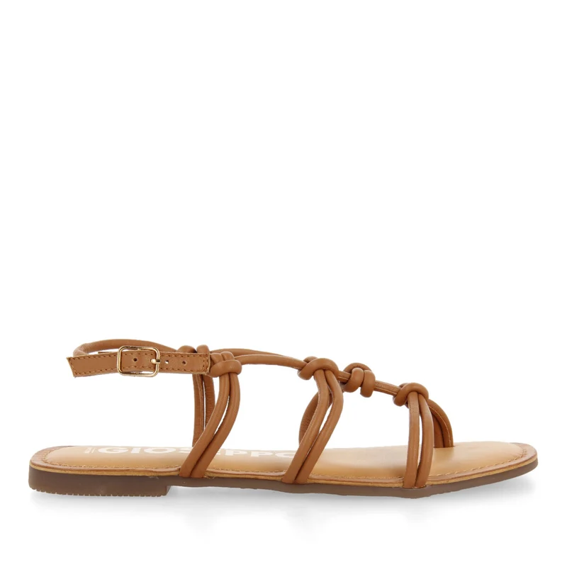 Rosny women's flat tan sandals with thin straps and decorative knots