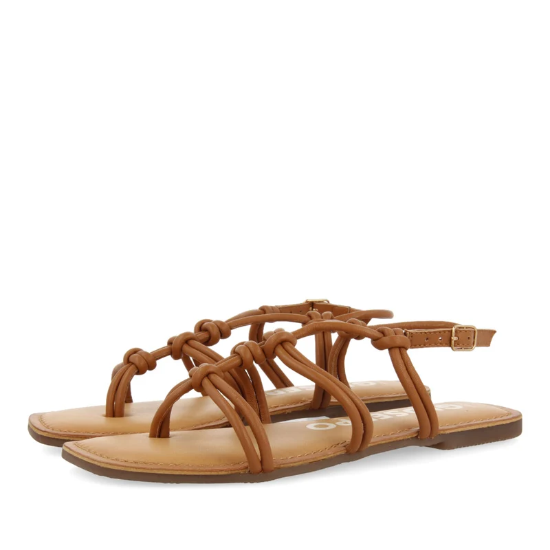 Rosny women's flat tan sandals with thin straps and decorative knots