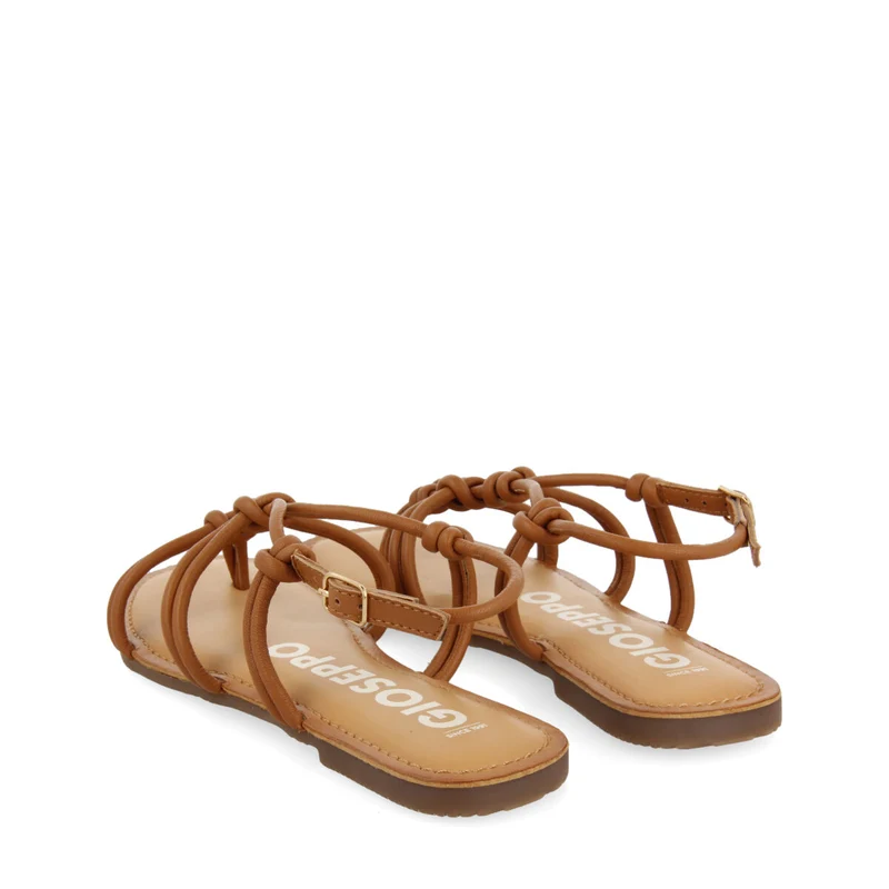 Rosny women's flat tan sandals with thin straps and decorative knots