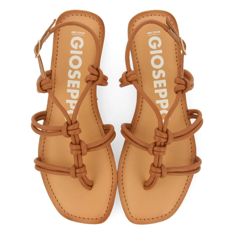 Rosny women's flat tan sandals with thin straps and decorative knots