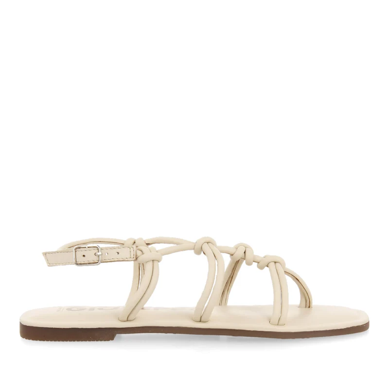 Matinha women's flat off-white leather sandals with thin straps and decorative knots