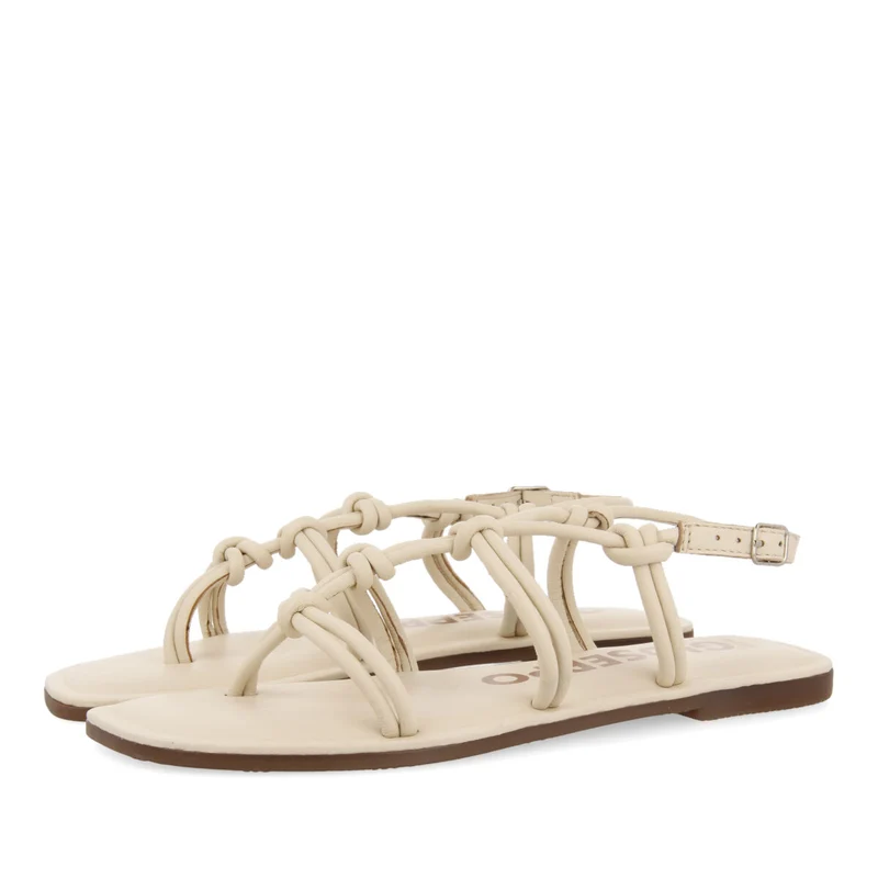 Matinha women's flat off-white leather sandals with thin straps and decorative knots