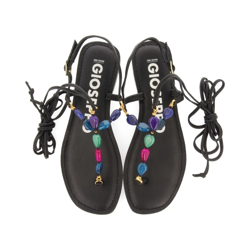 Escles women's leather sandals with decorative multicoloured beads