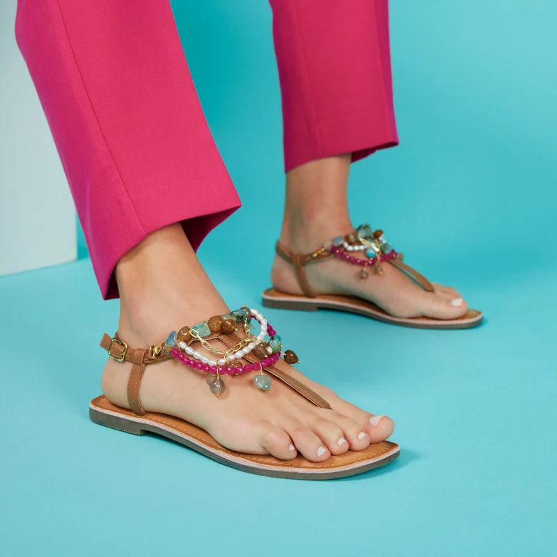 Collan women's tan sandals with decorative multicoloured beads