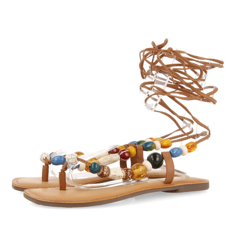 Challex women's leather sandals with decorative multicoloured beads