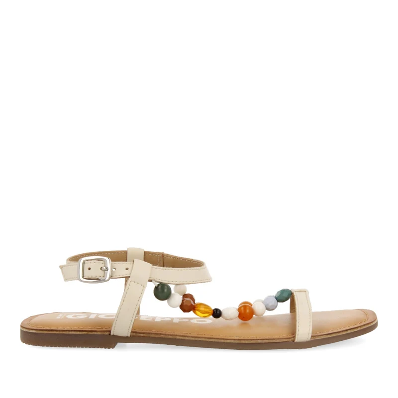 Coincy women's off-white leather sandals with decorative multicoloured beads