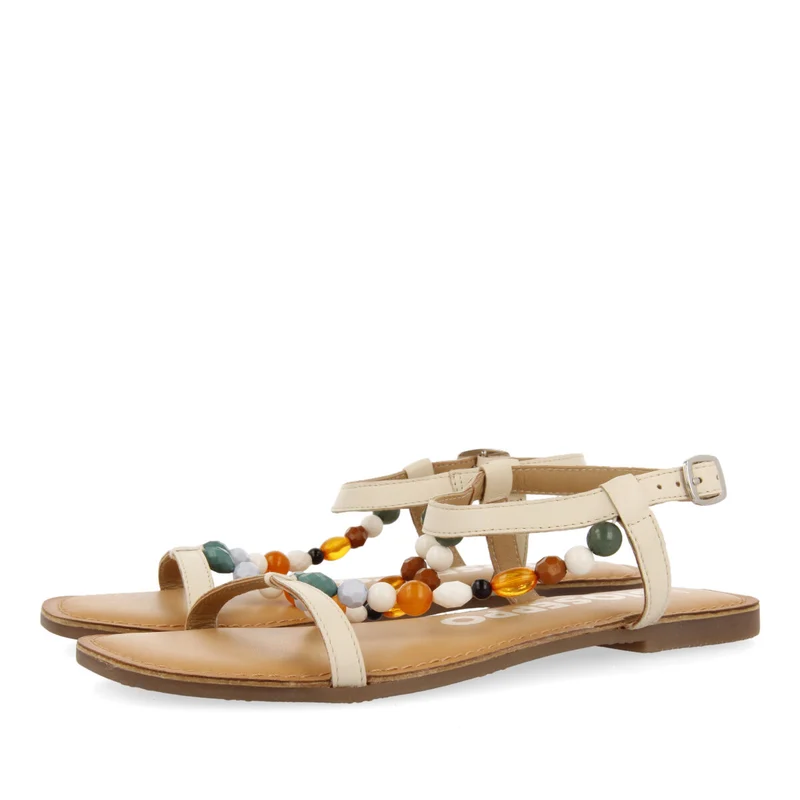 Coincy women's off-white leather sandals with decorative multicoloured beads