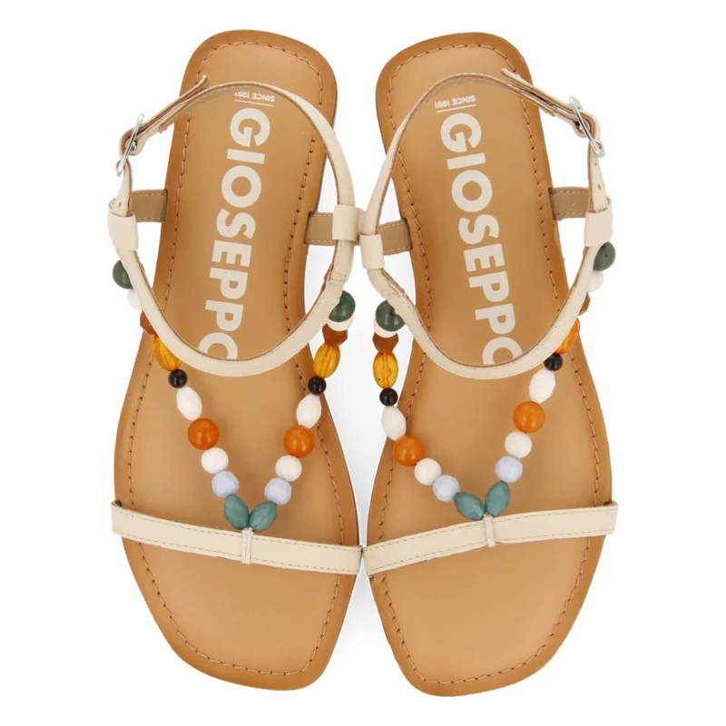 Coincy women's off-white leather sandals with decorative multicoloured beads