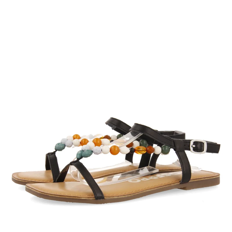 Coincy women's black leather sandals with decorative multicoloured beads