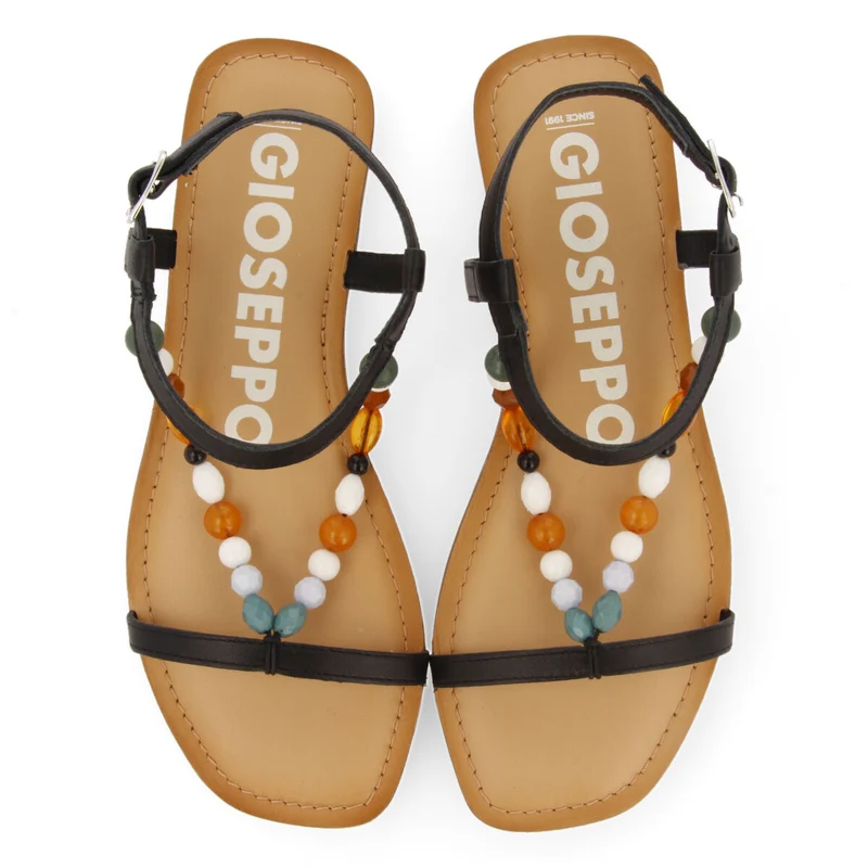 Coincy women's black leather sandals with decorative multicoloured beads