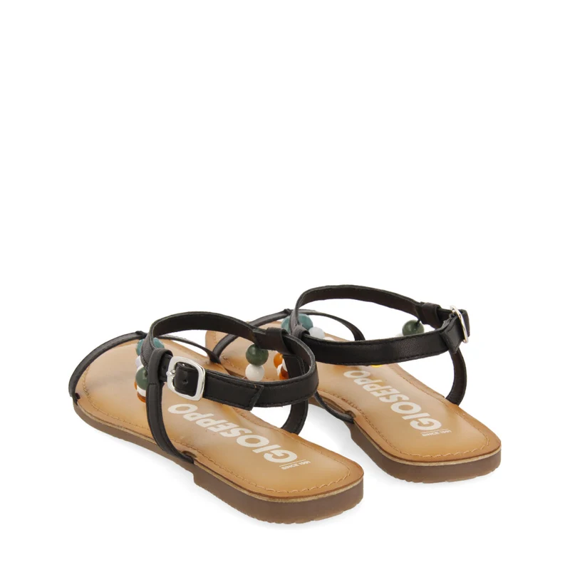 Coincy women's black leather sandals with decorative multicoloured beads