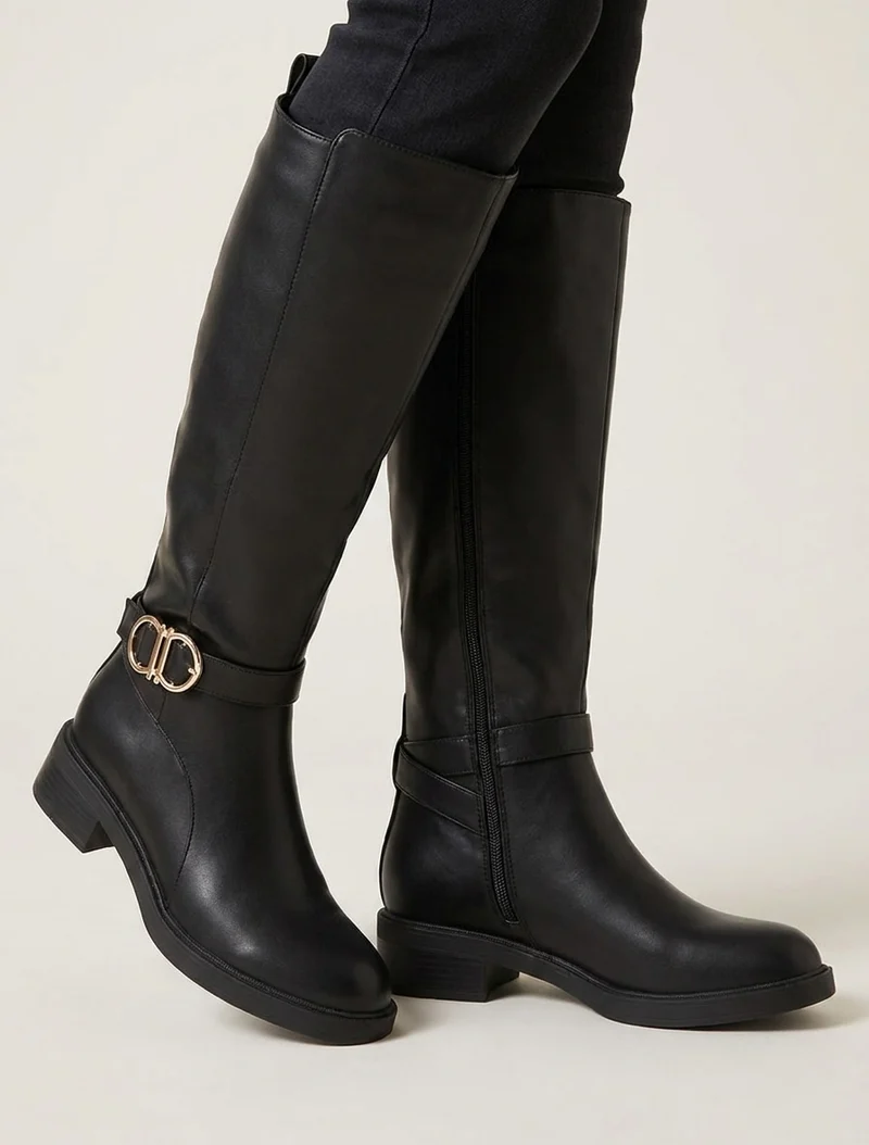 Bottes en simili à boucle et bouts ronds - Noir