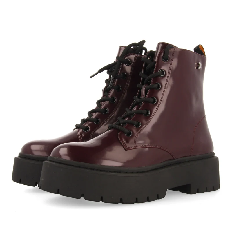 Laussa women's burgundy lace-up biker boots with black double soles