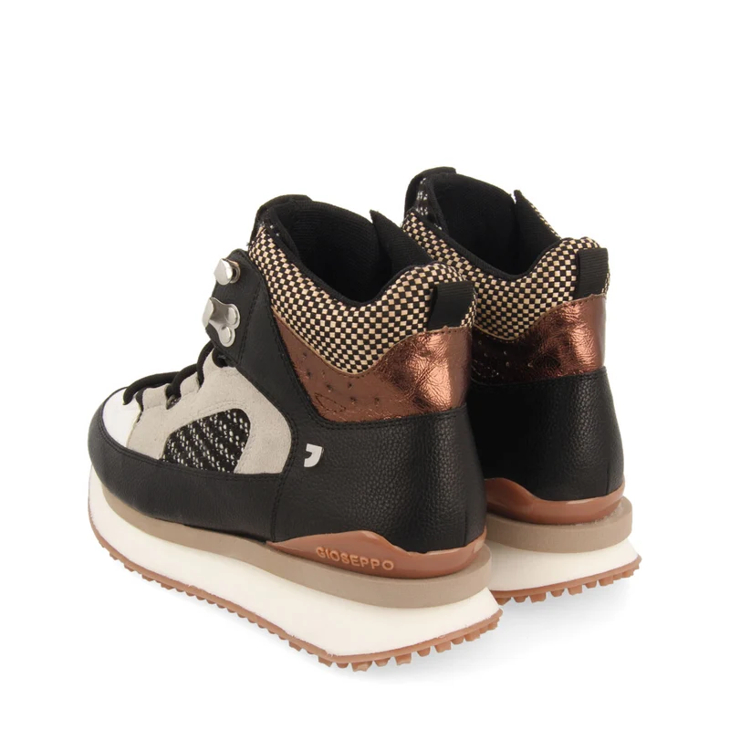 Lustenau women's brown mountain boot-style sneakers featuring different textures and pieces in black, white and copper