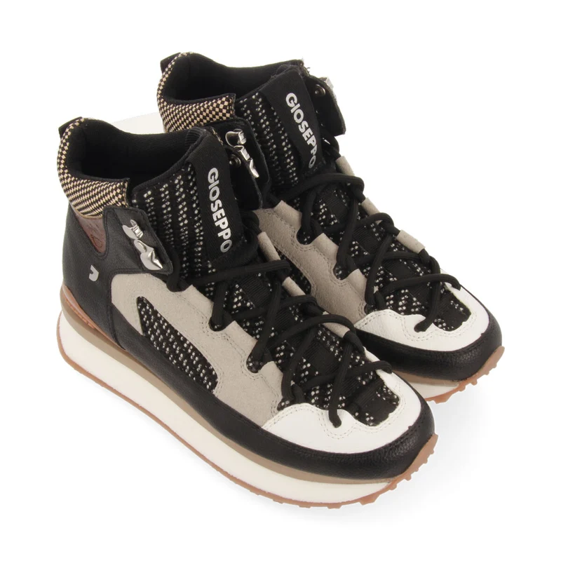 Lustenau women's brown mountain boot-style sneakers featuring different textures and pieces in black, white and copper