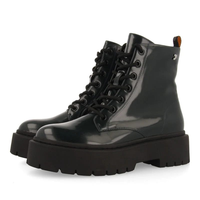 Laussa women's dark green lace-up biker boots with black double soles