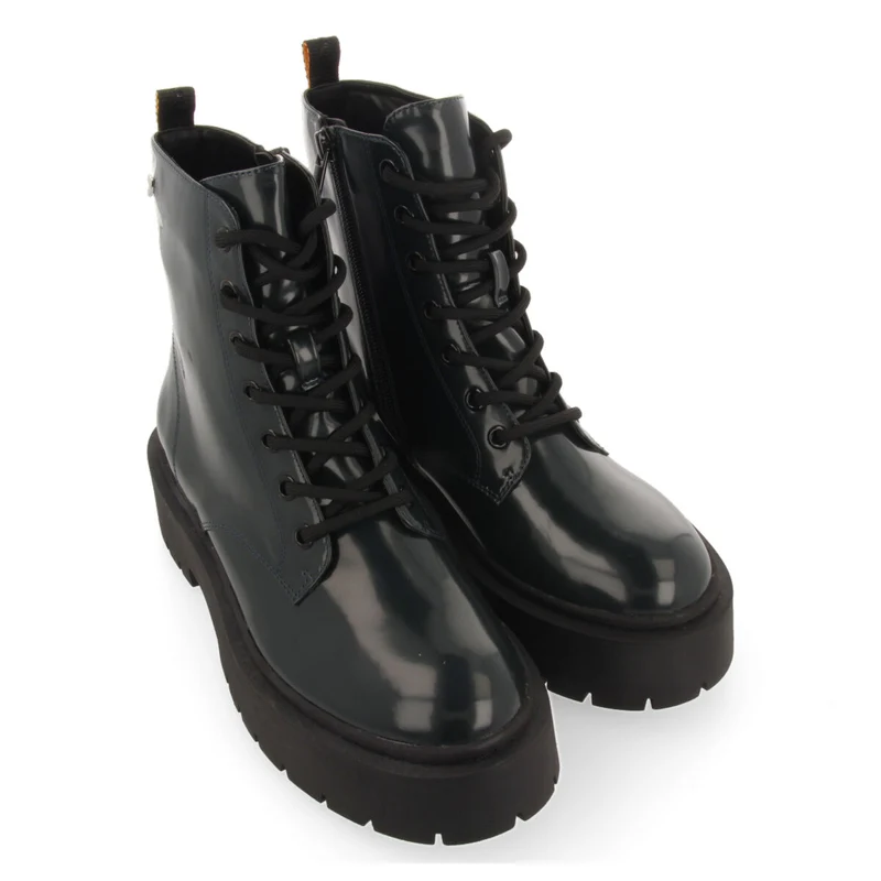 Laussa women's dark green lace-up biker boots with black double soles