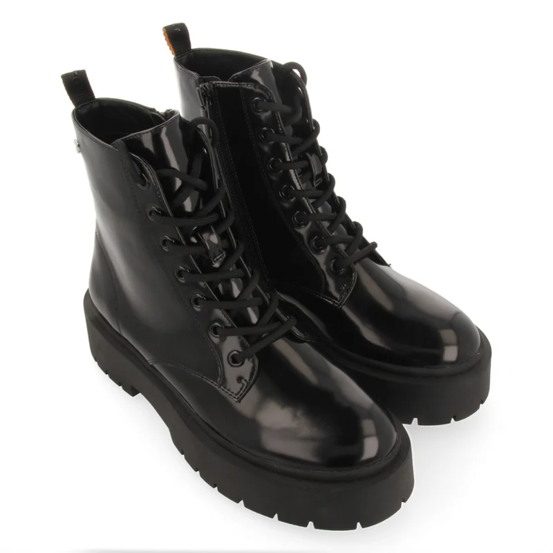 Laussa women's black lace-up biker boots with black double soles