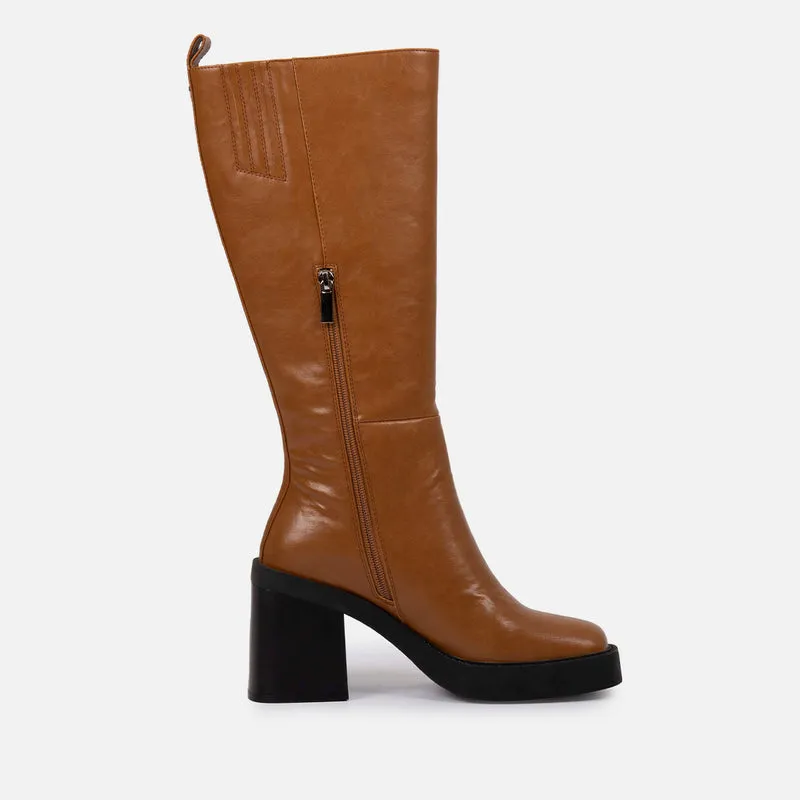 Goeblange women's straight tan knee-high boots with square toes, a thick platform and wide heels