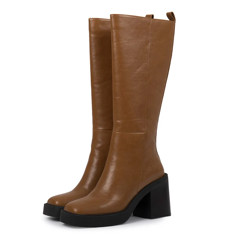 Goeblange women's straight tan knee-high boots with square toes, a thick platform and wide heels