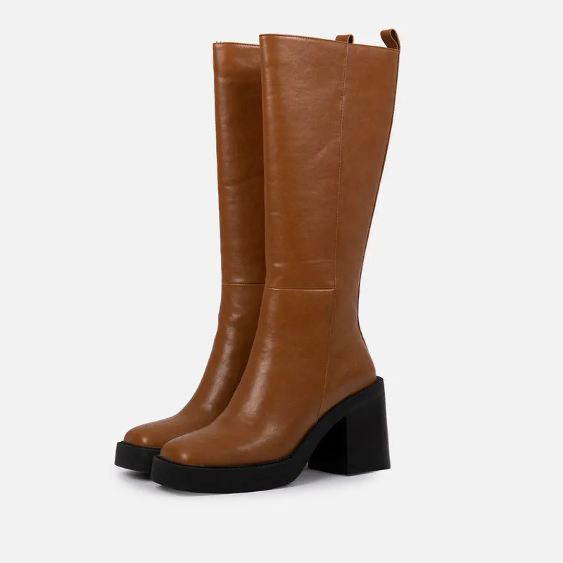 Goeblange women's straight tan knee-high boots with square toes, a thick platform and wide heels