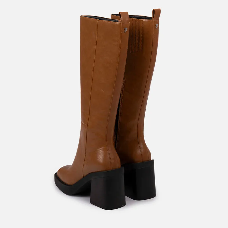 Goeblange women's straight tan knee-high boots with square toes, a thick platform and wide heels