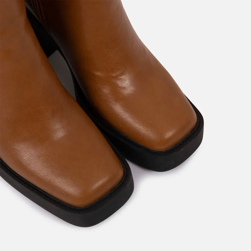 Goeblange women's straight tan knee-high boots with square toes, a thick platform and wide heels