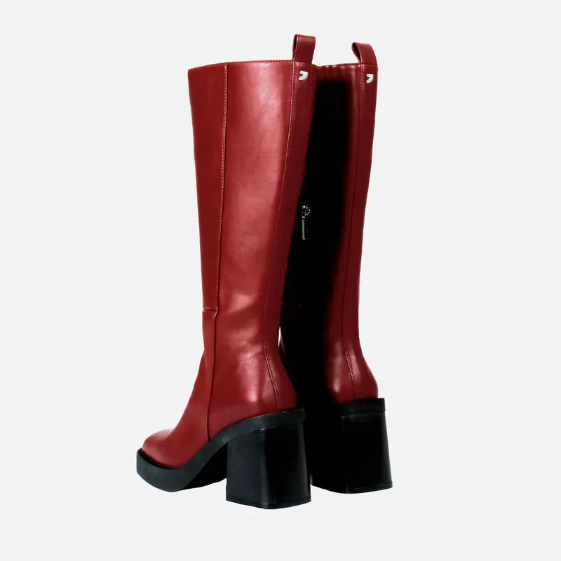 Goeblange women's straight burgundy knee-high boots with square toes, a thick platform and wide heels