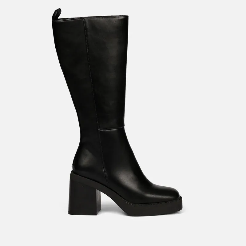 Goeblange women's straight black knee-high boots with square toes, a thick platform and wide heels