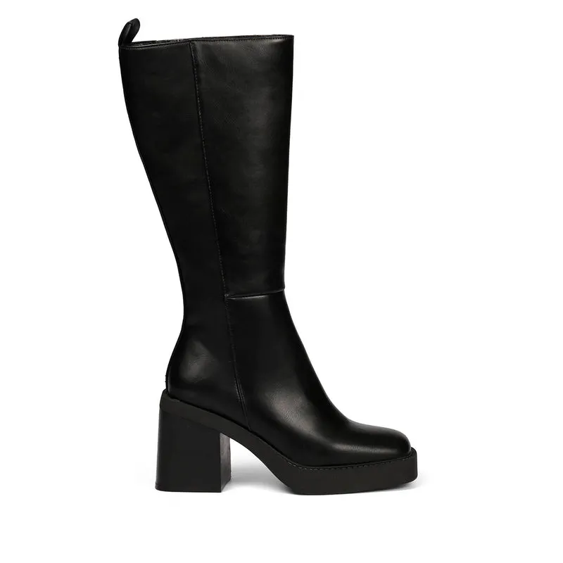 Goeblange women's straight black knee-high boots with square toes, a thick platform and wide heels