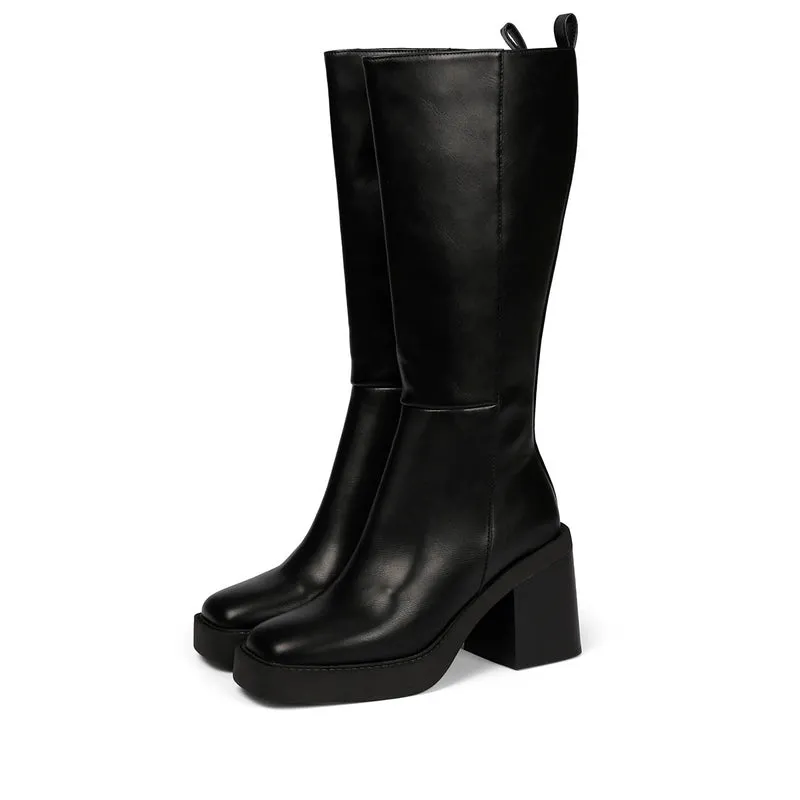Goeblange women's straight black knee-high boots with square toes, a thick platform and wide heels