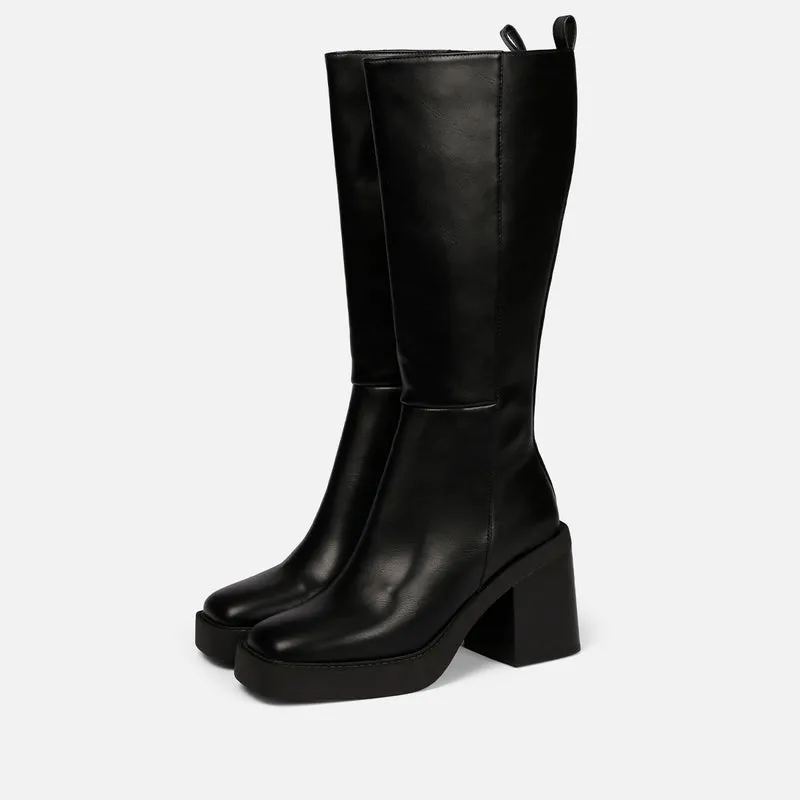 Goeblange women's straight black knee-high boots with square toes, a thick platform and wide heels