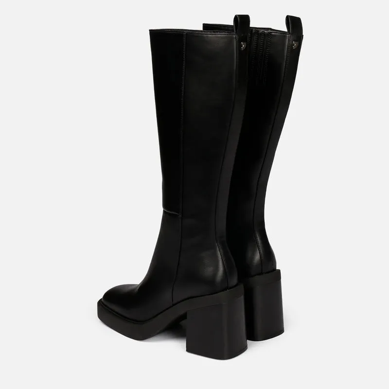 Goeblange women's straight black knee-high boots with square toes, a thick platform and wide heels