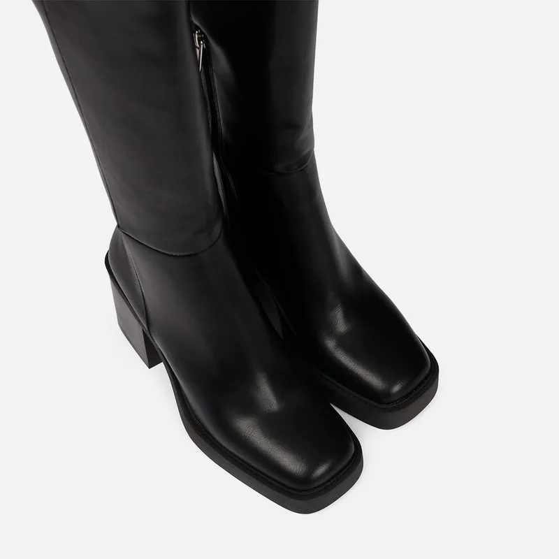 Goeblange women's straight black knee-high boots with square toes, a thick platform and wide heels