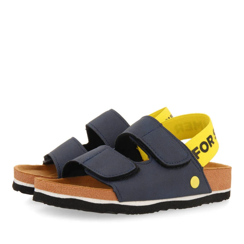 Courgis boys navy blue footbed sandals with yellow details